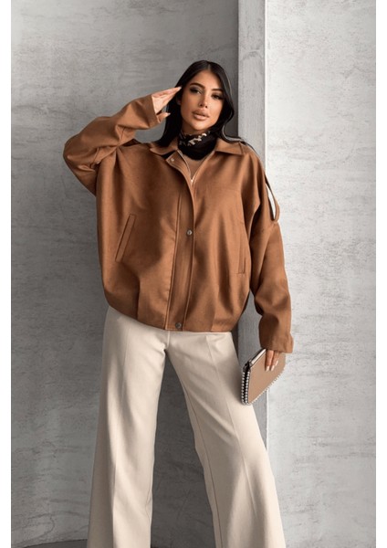 Dokuma Süet Kumaş Apoletli Bomber Ceket - Açık Kahve fiyatları