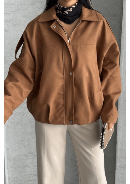 Dokuma Süet Kumaş Apoletli Bomber Ceket - Açık Kahve fırsatları