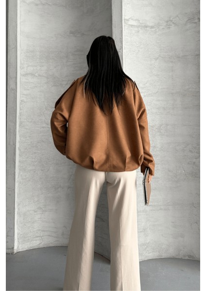 Dokuma Süet Kumaş Apoletli Bomber Ceket - Açık Kahve indirimleri