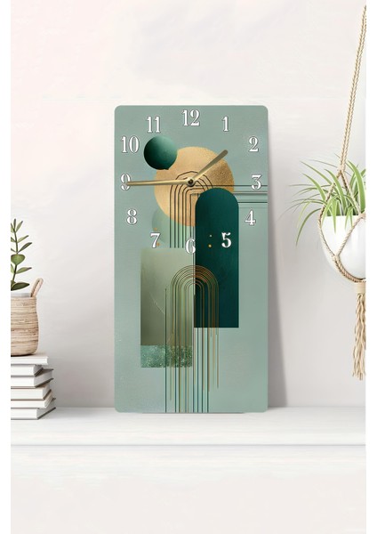 Modern Yeşil Tonlarda Geometrik Desenli Mdf Dikdörtgen Duvar Saati – 30X60 cm Uv Baskı USD098