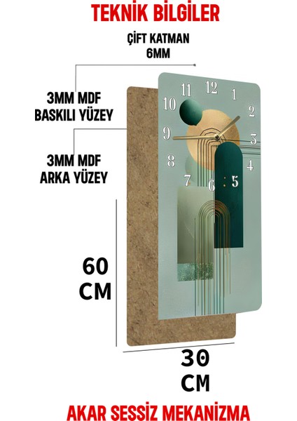 Modern Yeşil Tonlarda Geometrik Desenli Mdf Dikdörtgen Duvar Saati – 30X60 cm Uv Baskı USD098 indirimleri