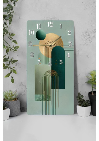 Modern Yeşil Tonlarda Geometrik Desenli Mdf Dikdörtgen Duvar Saati – 30X60 cm Uv Baskı USD098