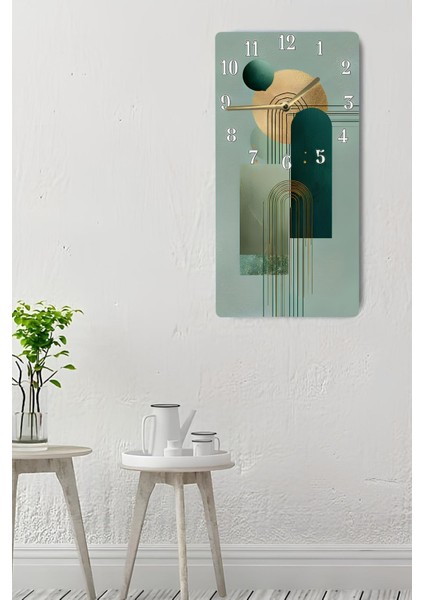 Modern Yeşil Tonlarda Geometrik Desenli Mdf Dikdörtgen Duvar Saati – 30X60 cm Uv Baskı USD098