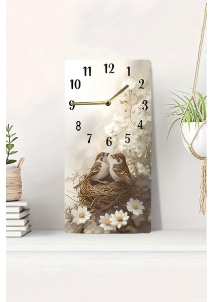 Dekoratif Kuş ve Çiçek Temalı Mdf Dikdörtgen Duvar Saati – 30X60 Cm– USD102