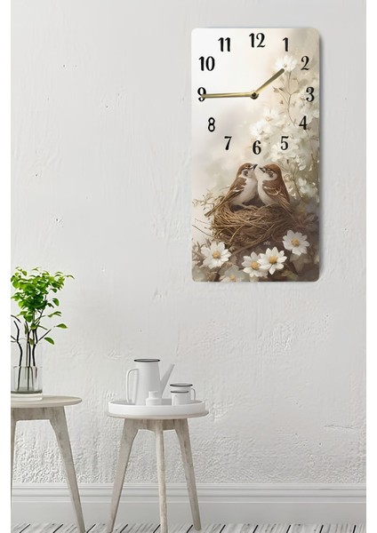 Dekoratif Kuş ve Çiçek Temalı Mdf Dikdörtgen Duvar Saati – 30X60 Cm– USD102