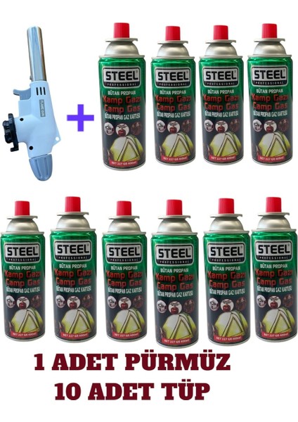 10 Adet Yedek Gaz 1 Adet Pürmüz Çakmak Steel 400 ml