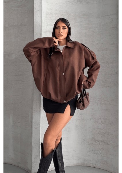 Dokuma Süet Kumaş Apoletli Bomber Ceket - Koyu Kahve