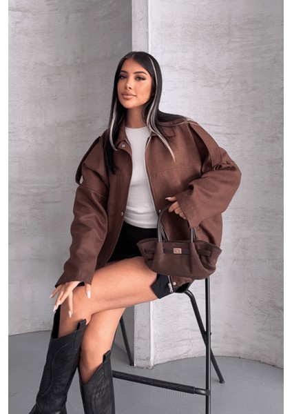 Dokuma Süet Kumaş Apoletli Bomber Ceket - Koyu Kahve fiyatları