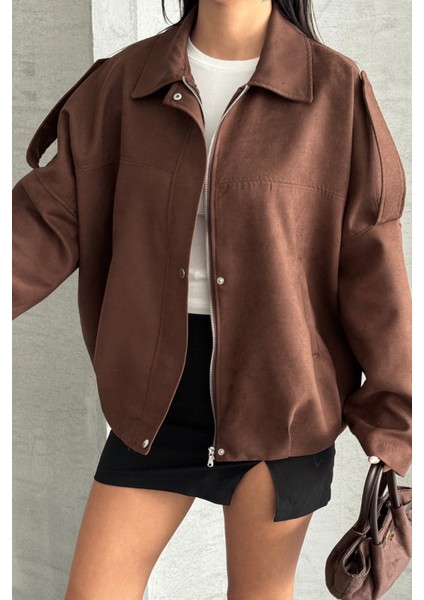 Dokuma Süet Kumaş Apoletli Bomber Ceket - Koyu Kahve modelleri
