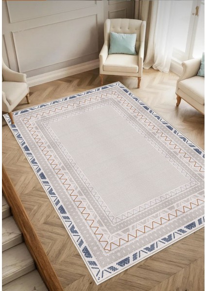 Bej Dijital Baskı Salon Halısı Kaymaz Tabanlı Yıkanabilir Halı Yolluk