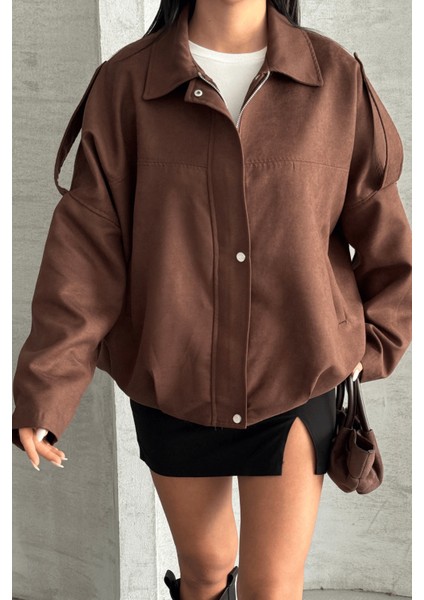 Dokuma Süet Kumaş Apoletli Bomber Ceket - Koyu Kahve fırsatları