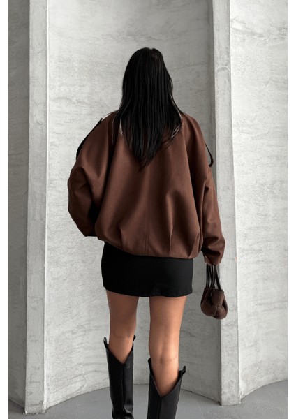 Dokuma Süet Kumaş Apoletli Bomber Ceket - Koyu Kahve indirimleri