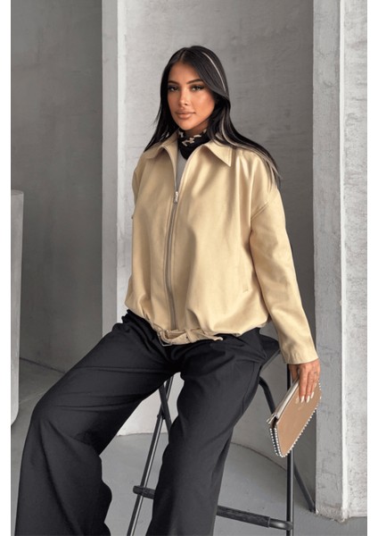 Dokuma Süet Kumaş Bomber Ceket - Krem