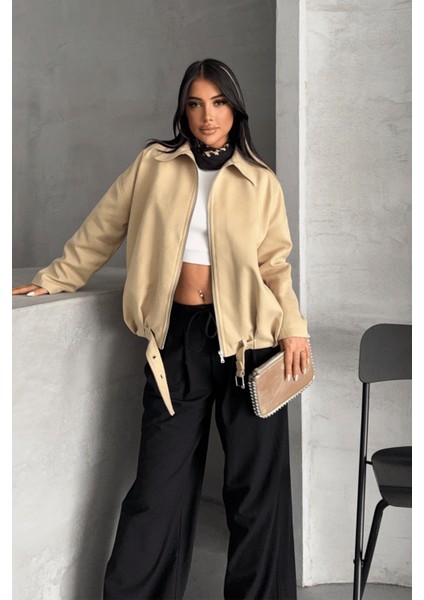 Dokuma Süet Kumaş Bomber Ceket - Krem fiyatları