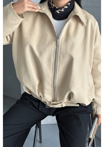 Dokuma Süet Kumaş Bomber Ceket - Krem modelleri
