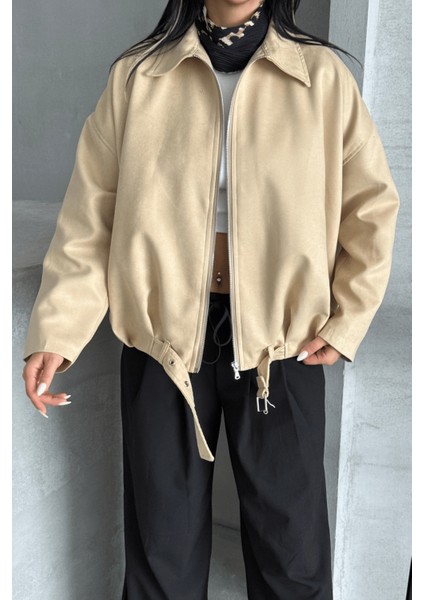 Dokuma Süet Kumaş Bomber Ceket - Krem fırsatları