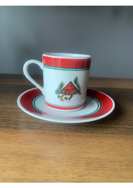 Yeni Yıl-Noel Geyikli Ev Model 4 Parça 2 Kişilik Porselen Türk Kahvesi Fincan Takımı modelleri