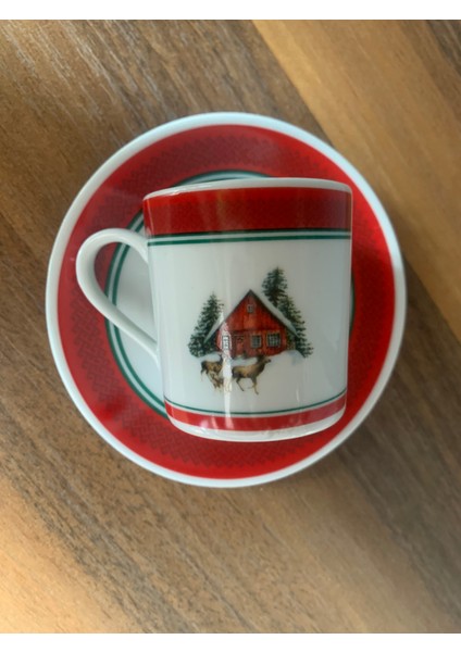 Yeni Yıl-Noel Geyikli Ev Model 4 Parça 2 Kişilik Porselen Türk Kahvesi Fincan Takımı fırsatları