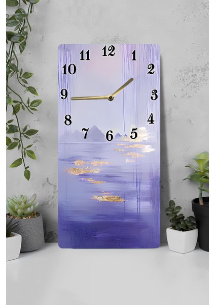 Mdf Dikdörtgen Duvar Saati – 30X60 Cm, Uv Baskı, Lila & Altın Yansımalar Temalı– USD093