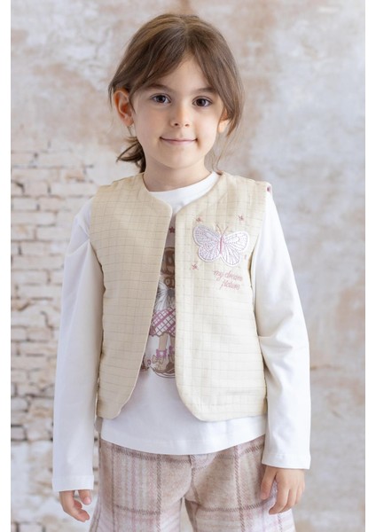 Kız Bebek Nakış ve Baskılı Şort T-Shirt Yelek Üçlü Takım - Bej