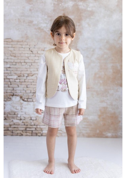 Kız Bebek Nakış ve Baskılı Şort T-Shirt Yelek Üçlü Takım - Bej fiyatları