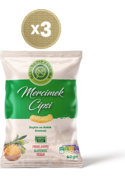 Zeytin ve Kekik Aromalı Mercimek Cipsi 60 g x 3 Paket (Glütensiz & Vegan)