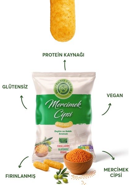 Zeytin ve Kekik Aromalı Mercimek Cipsi 60 g x 3 Paket (Glütensiz & Vegan) fırsatları