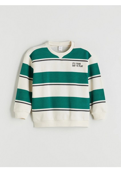 Lcw Kids Bej Bisiklet Yaka Çizgili Erkek Çocuk Sweatshirt