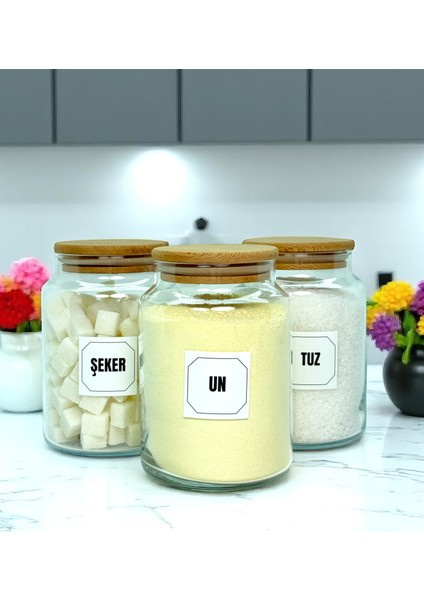3'lü Ahşap Vakum Kapaklı Cam Un Tuz Şeker Saklama Kavanozu Seti 800 ml Etiket Hediyeli