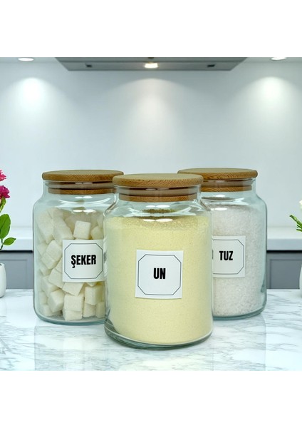 3'lü Ahşap Vakum Kapaklı Cam Un Tuz Şeker Saklama Kavanozu Seti 800 ml Etiket Hediyeli fırsatları