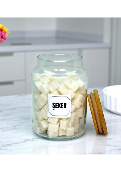 3'lü Ahşap Vakum Kapaklı Cam Un Tuz Şeker Saklama Kavanozu Seti 800 ml Etiket Hediyeli