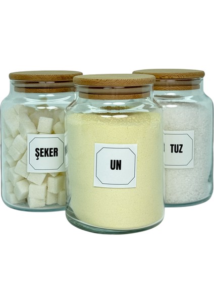 3'lü Ahşap Vakum Kapaklı Cam Un Tuz Şeker Saklama Kavanozu Seti 800 ml Etiket Hediyeli