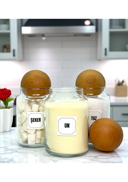 3'lü Ahşap Top Kapaklı Cam Un Tuz Şeker Saklama Kavanozu Seti 800 ml Etiket Hediyeli