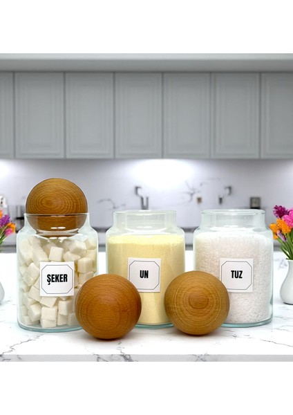 3'lü Ahşap Top Kapaklı Cam Un Tuz Şeker Saklama Kavanozu Seti 800 ml Etiket Hediyeli fırsatları