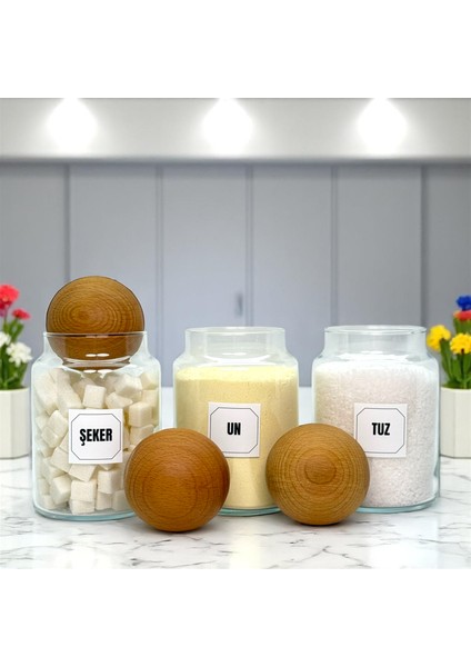 3'lü Ahşap Top Kapaklı Cam Un Tuz Şeker Saklama Kavanozu Seti 800 ml Etiket Hediyeli