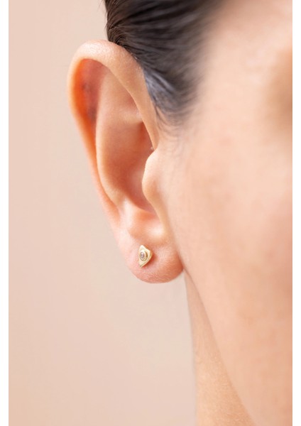 Minimal Kalpli Taşlı 14 Ayar Altın Küpe