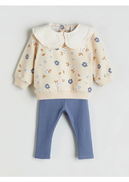 Lcw Baby Bej Bebe Yaka Kız Bebek Sweatshirt ve Tayt 2'li