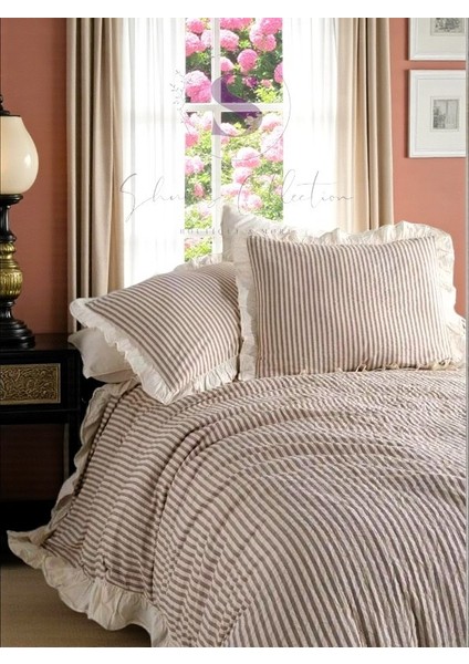 Kahve-Bej % 100 Pamuk Fırfır Iplik Boyalı Çift Kişilik Nevresim Takımı,modern Çizgili Yorgan ve Çarşaf Seti