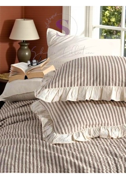 Kahve-Bej % 100 Pamuk Fırfır Iplik Boyalı Çift Kişilik Nevresim Takımı,modern Çizgili Yorgan ve Çarşaf Seti fiyatları