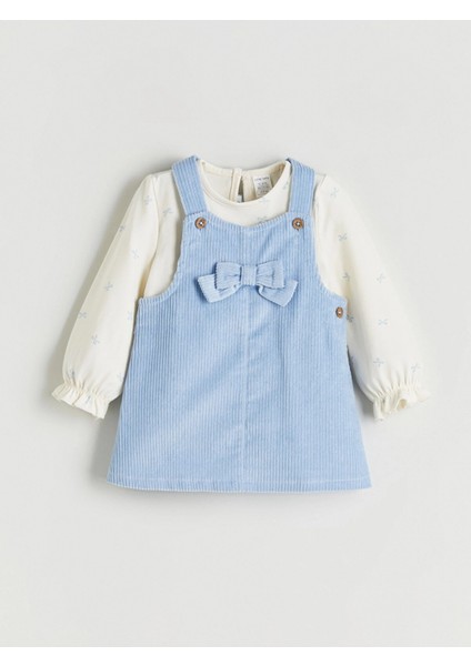 Lcw Baby Mavi Fiyonk Detaylı Kadife Kız Bebek Salopet Elbise ve Tişört