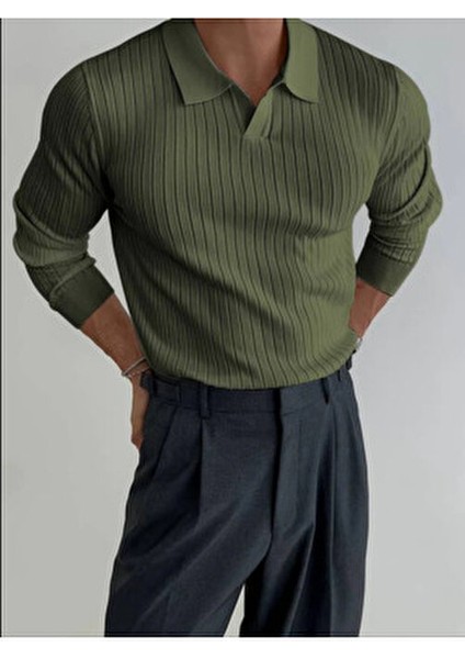 Erkek Polo Yaka Fitilli Triko Kazak Füme Renk Günlük Kullanım fırsatları