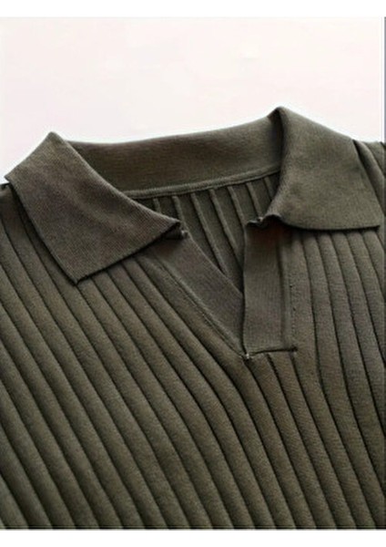 Erkek Polo Yaka Fitilli Triko Kazak Füme Renk Günlük Kullanım