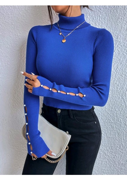 Kolu Inci Işlemeli Kolye Detaylı Balıkçı Yaka Triko Kazak