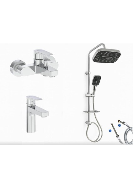 Flow Square Banyo Bataryası + Flow Square Lavabo Bataryası + Doppo Prime Lux Tepe Duş Sistemi