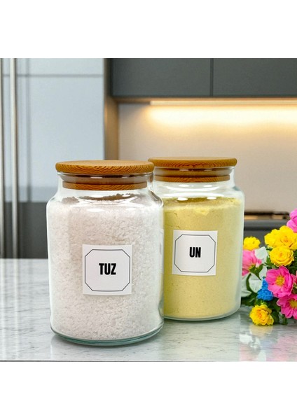 2'li Ahşap Vakum Kapaklı Cam Un Tuz Saklama Kavanozu Seti 800 ml Etiket Hediyeli