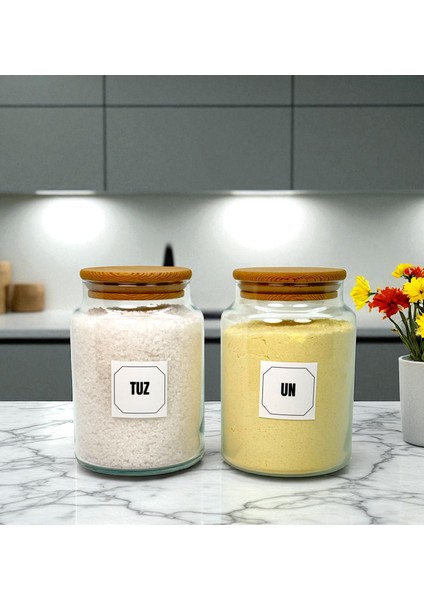 2'li Ahşap Vakum Kapaklı Cam Un Tuz Saklama Kavanozu Seti 800 ml Etiket Hediyeli fiyatları