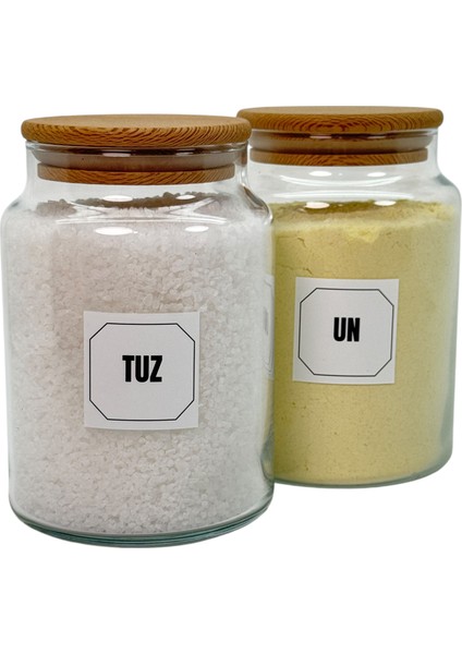 2'li Ahşap Vakum Kapaklı Cam Un Tuz Saklama Kavanozu Seti 800 ml Etiket Hediyeli