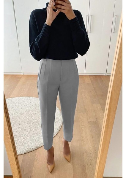 Gri Önü Biyeli Yüksek Bel Kadın Pantolon MG2425