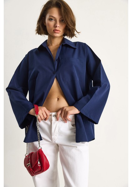 Kadın Geniş Kollu Tek Cep Detaylı Oversize Basic Poplin Gömlek fırsatları