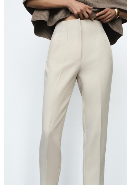 Krem Önü Biyeli Yüksek Bel Kadın Pantolon MG2425 fiyatları
